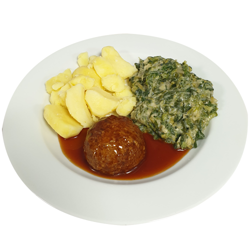 Rundergehaktbal met vleesjus Andijvie a la crème Aardappelen gekookt(natrium/zoutarm)